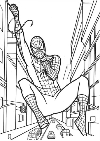 Spider Man Hanging On The String Web Coloring Page